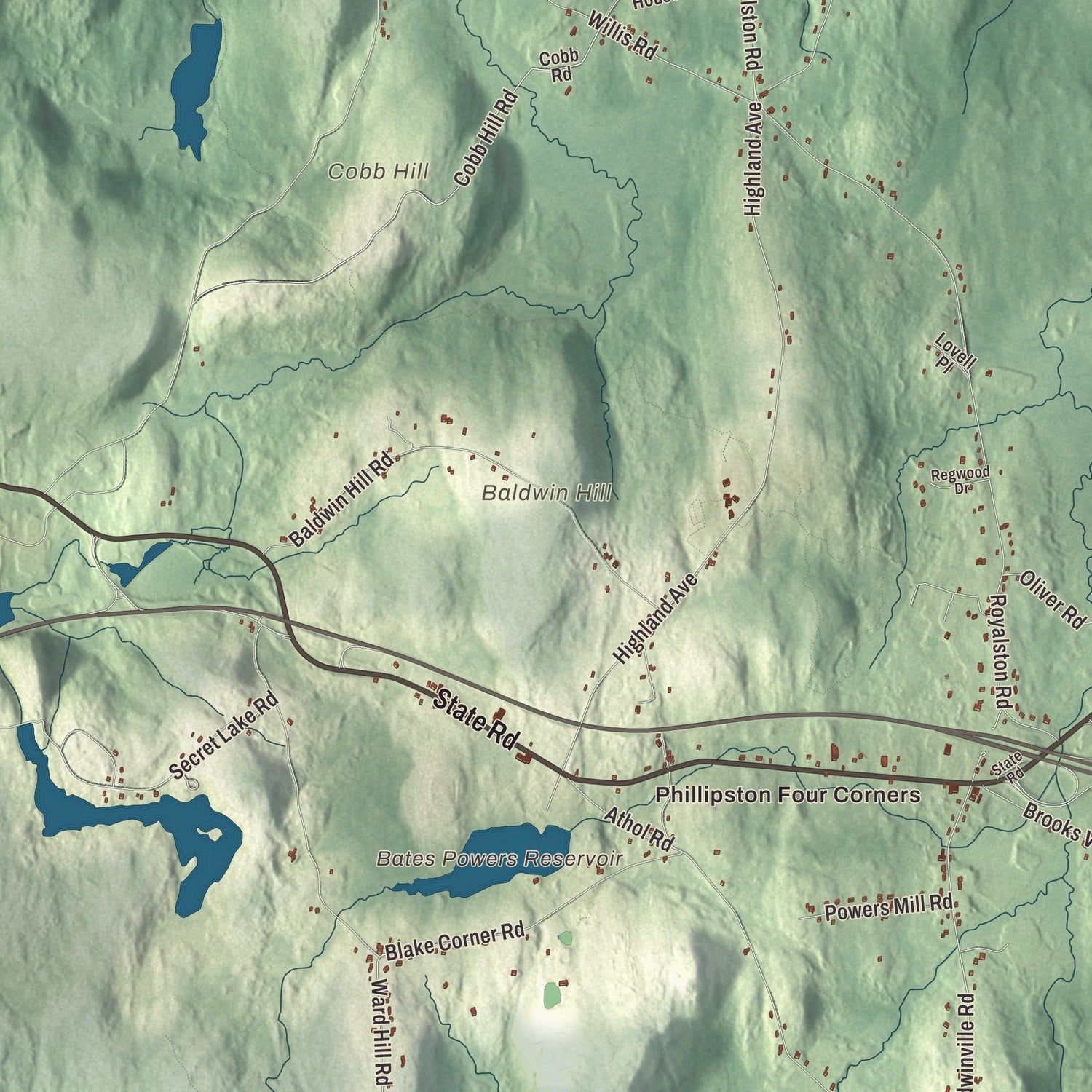Terrain and local geography detail from the Phillipston, Massachusetts map