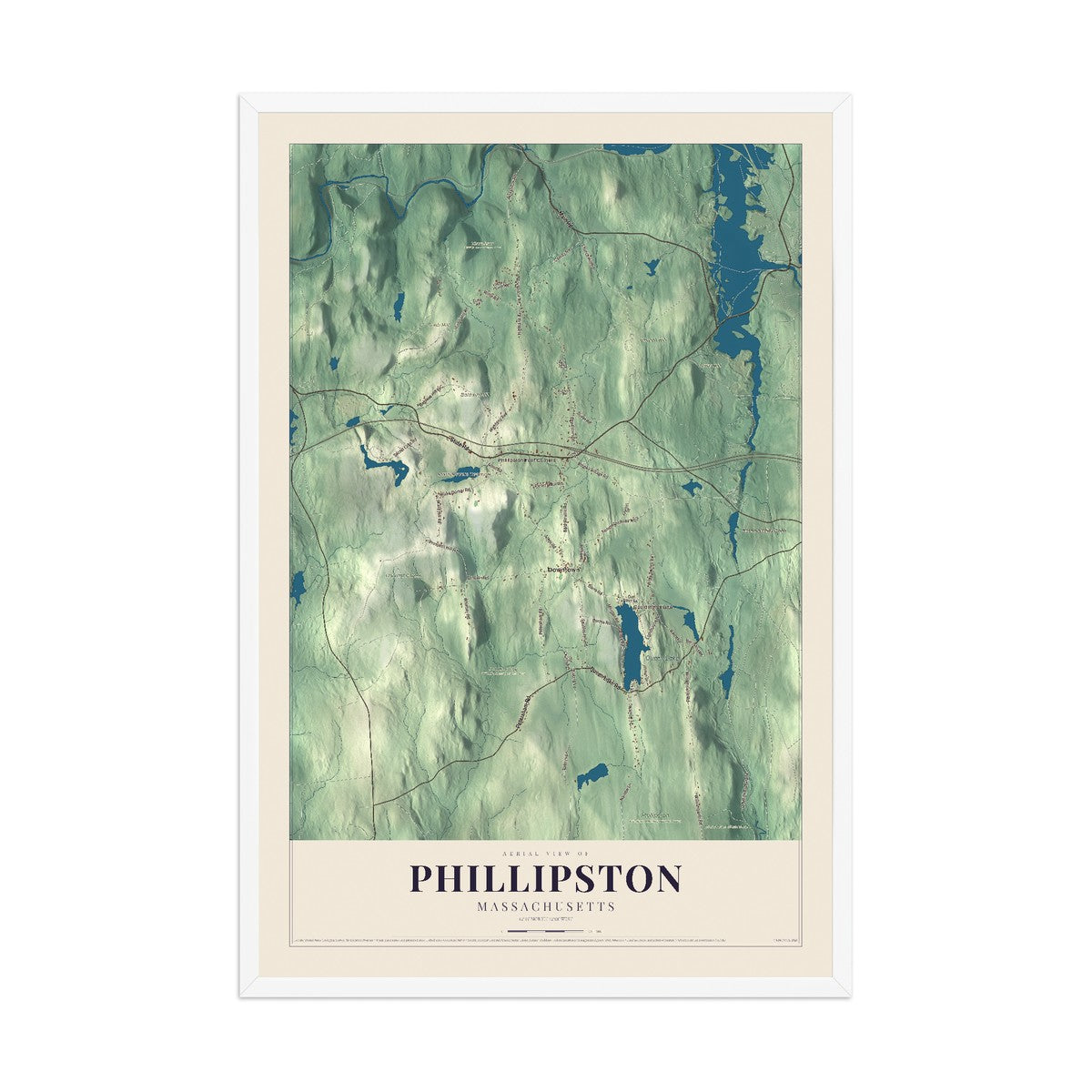 Map of Phillipston, Massachusetts, 12 x 18 inch print in a white wood frame