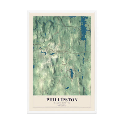 Map of Phillipston, Massachusetts, 12 x 18 inch print in a white wood frame