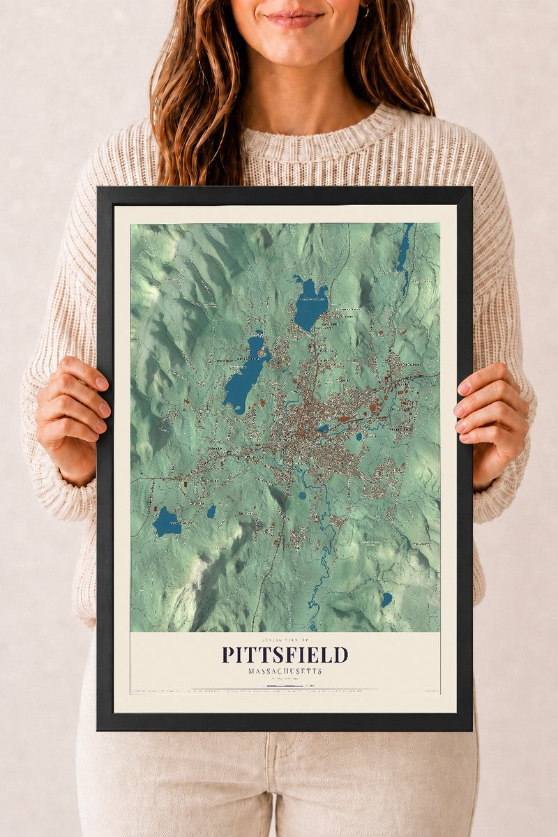 Pittsfield, Massachusetts map print - 12 x 18 black Ayous wood frame