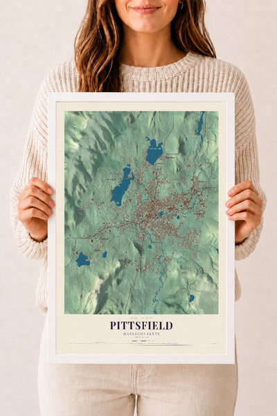 Pittsfield, Massachusetts map print - 12 x 18 white Ayous wood frame