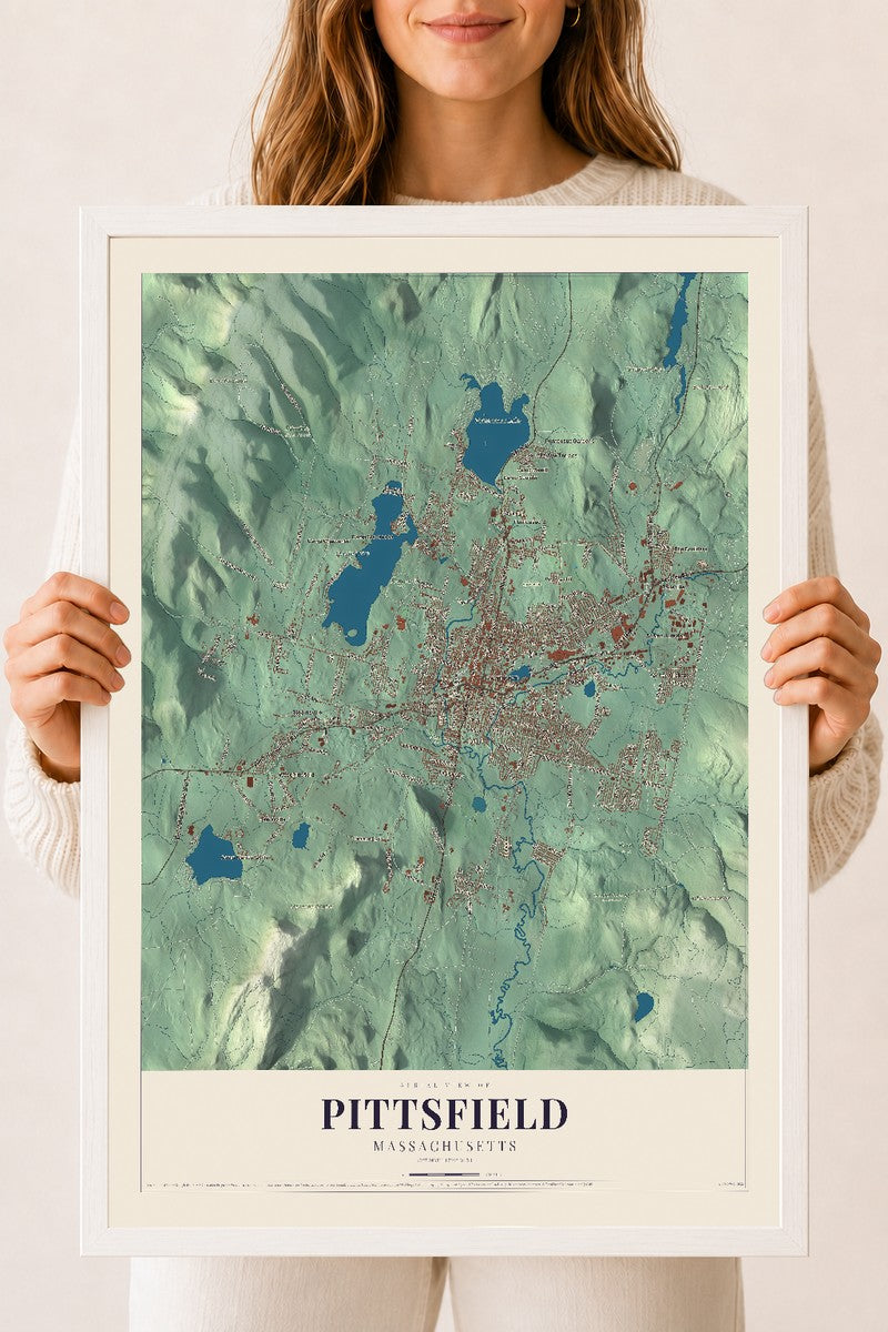 Pittsfield, Massachusetts map print - 18 x 24 white Ayous wood frame