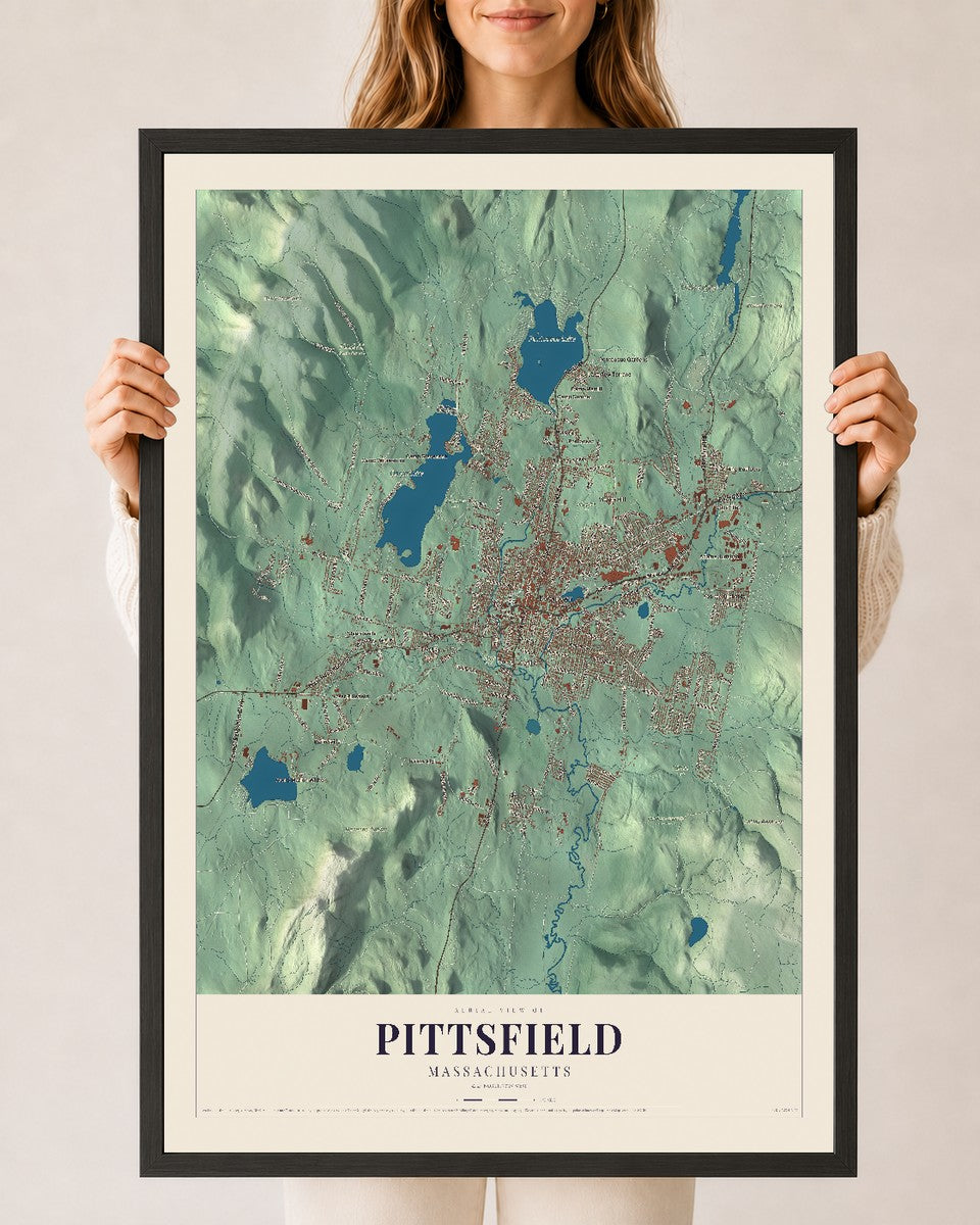 Pittsfield, Massachusetts map print - 24 x 36 black Ayous wood frame