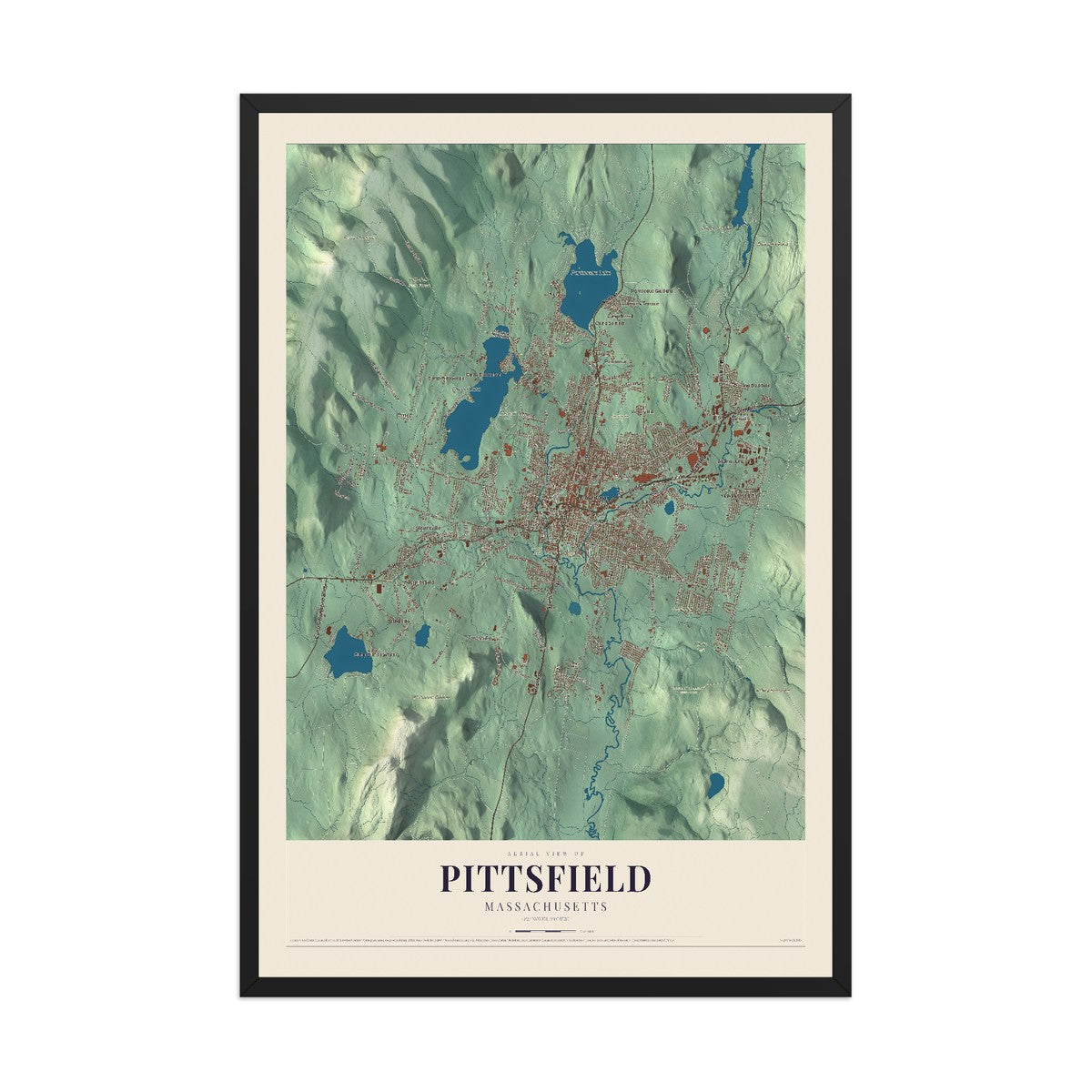 Pittsfield, Massachusetts map print - 12 x 18 black Ayous wood frame