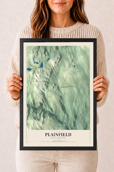 Plainfield, Massachusetts map print - 12 x 18 black Ayous wood frame