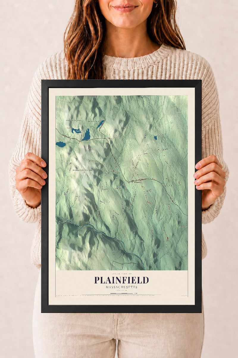 Plainfield, Massachusetts map print - 12 x 18 black Ayous wood frame