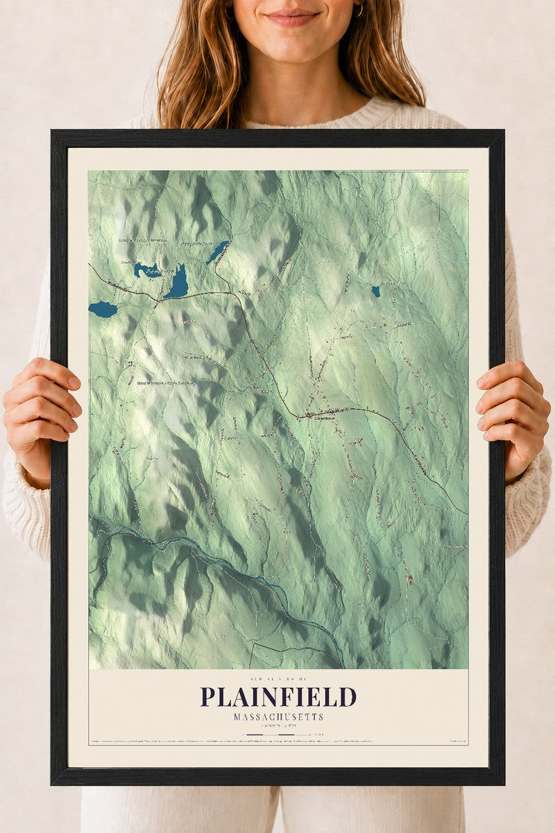 Plainfield, Massachusetts map print - 18 x 24 black Ayous wood frame