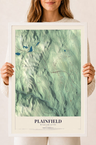 Plainfield, Massachusetts map print - 18 x 24 white Ayous wood frame