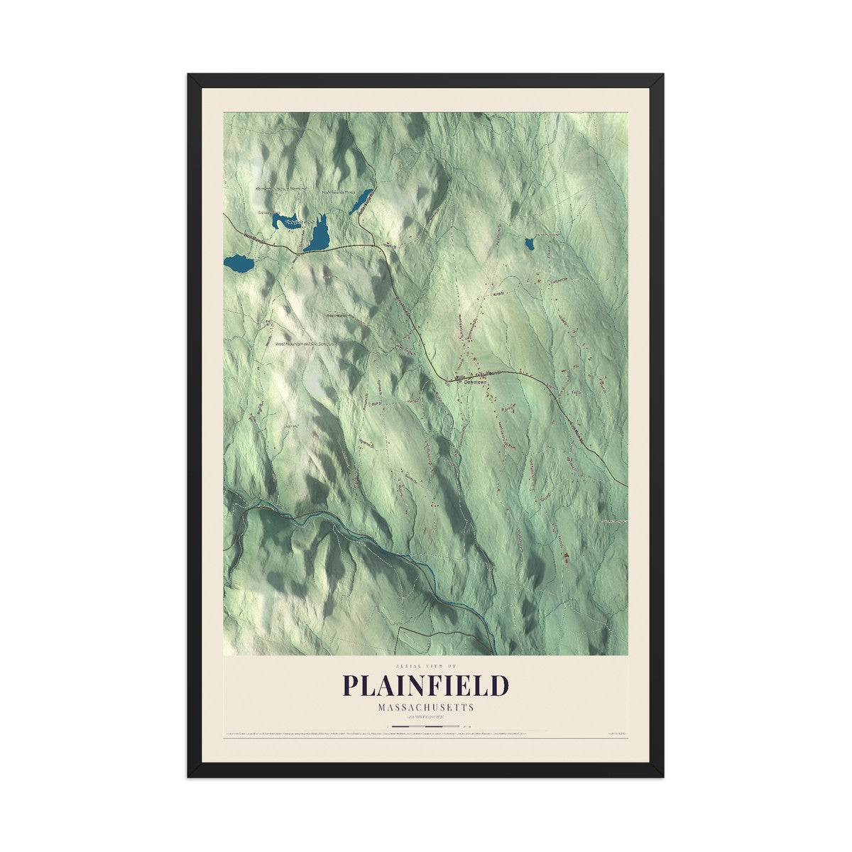 Map of Plainfield, Massachusetts, 12 x 18 inch print in a black wood frame
