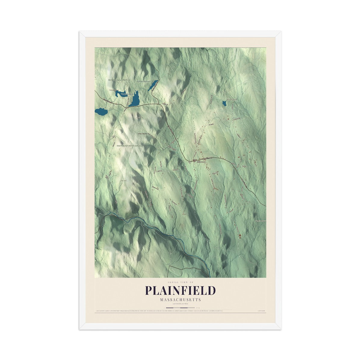 Map of Plainfield, Massachusetts, 12 x 18 inch print in a white wood frame