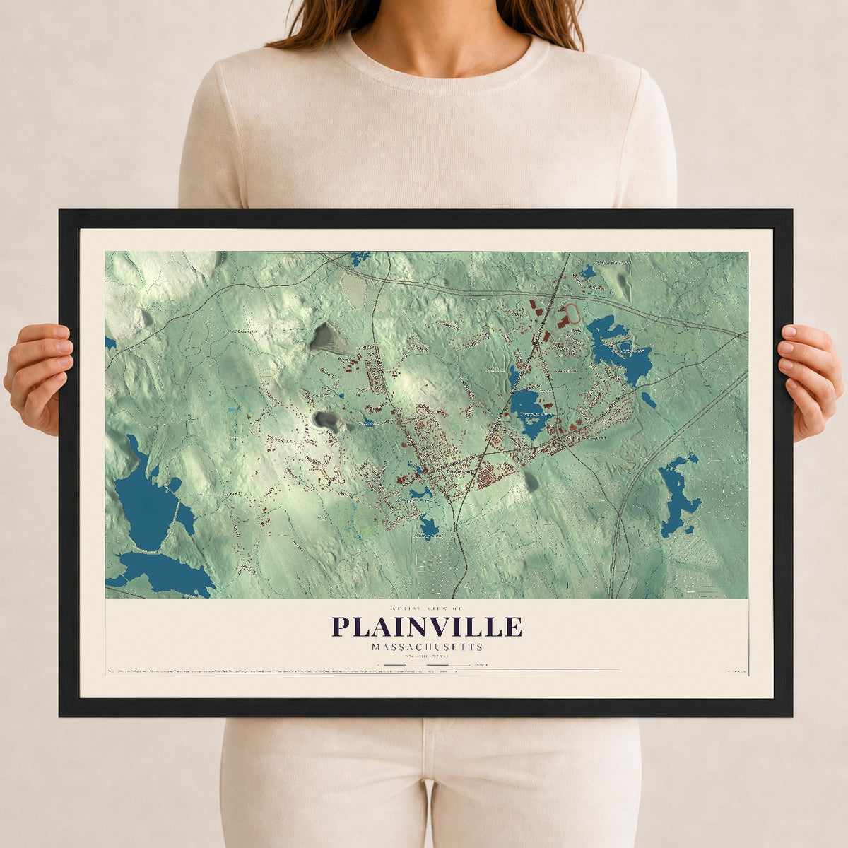 Plainville, Massachusetts map print - 12 x 18 black Ayous wood frame