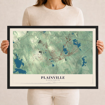 Plainville, Massachusetts map print - 12 x 18 black Ayous wood frame