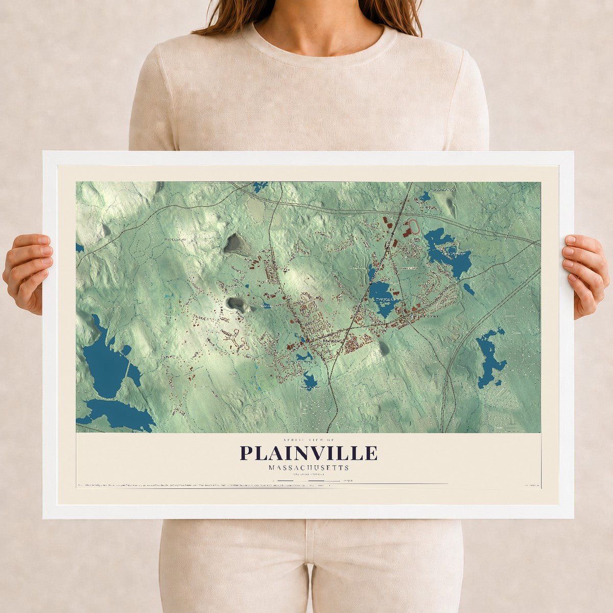 Plainville, Massachusetts map print - 12 x 18 white Ayous wood frame