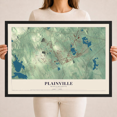 Plainville, Massachusetts map print - 18 x 24 black Ayous wood frame
