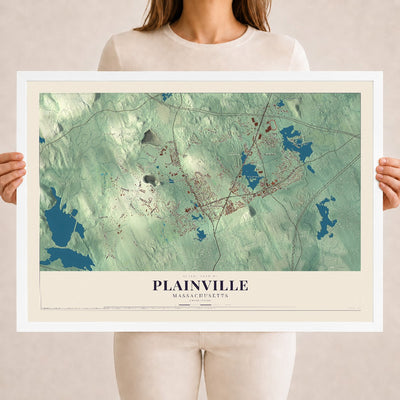Plainville, Massachusetts map print - 18 x 24 white Ayous wood frame