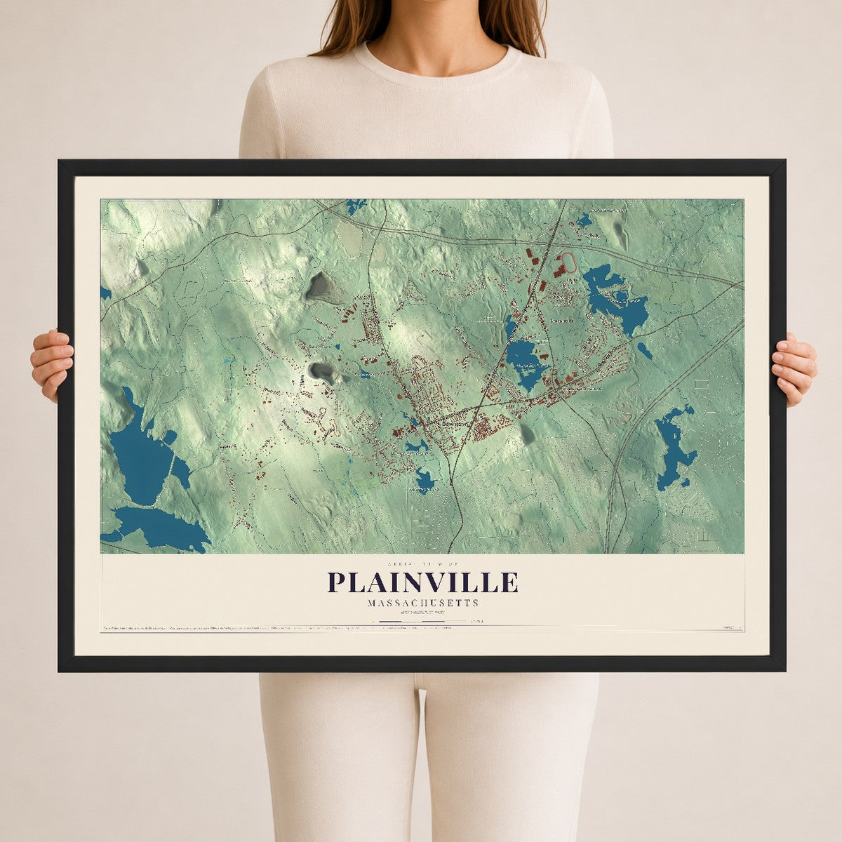 Plainville, Massachusetts map print - 24 x 36 black Ayous wood frame