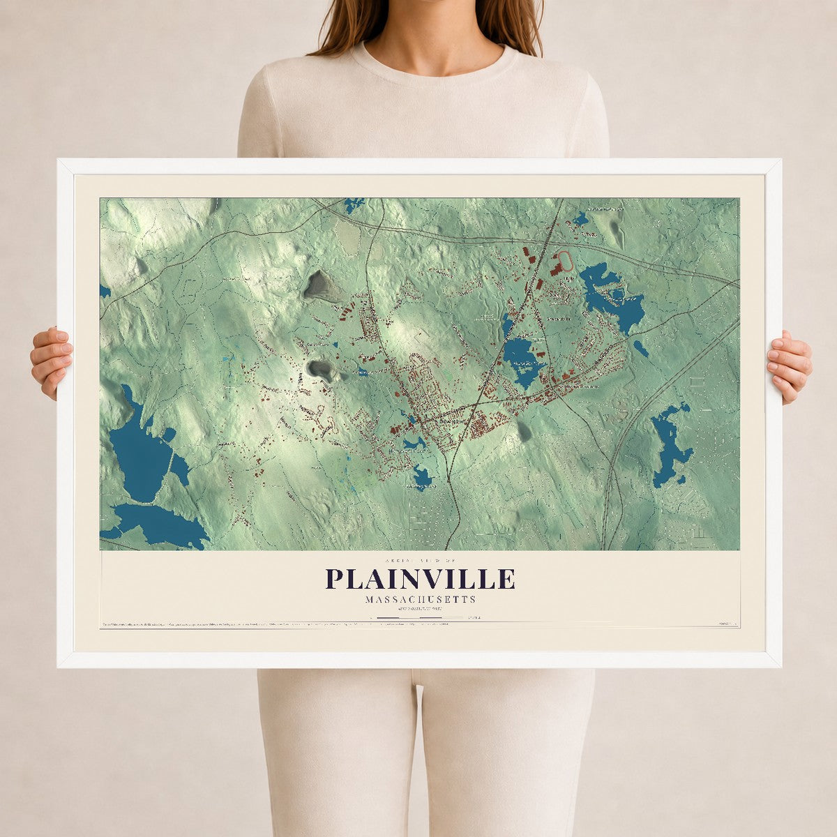 Plainville, Massachusetts map print - 24 x 36 white Ayous wood frame