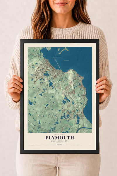 Plymouth, Massachusetts map print - 12 x 18 black Ayous wood frame