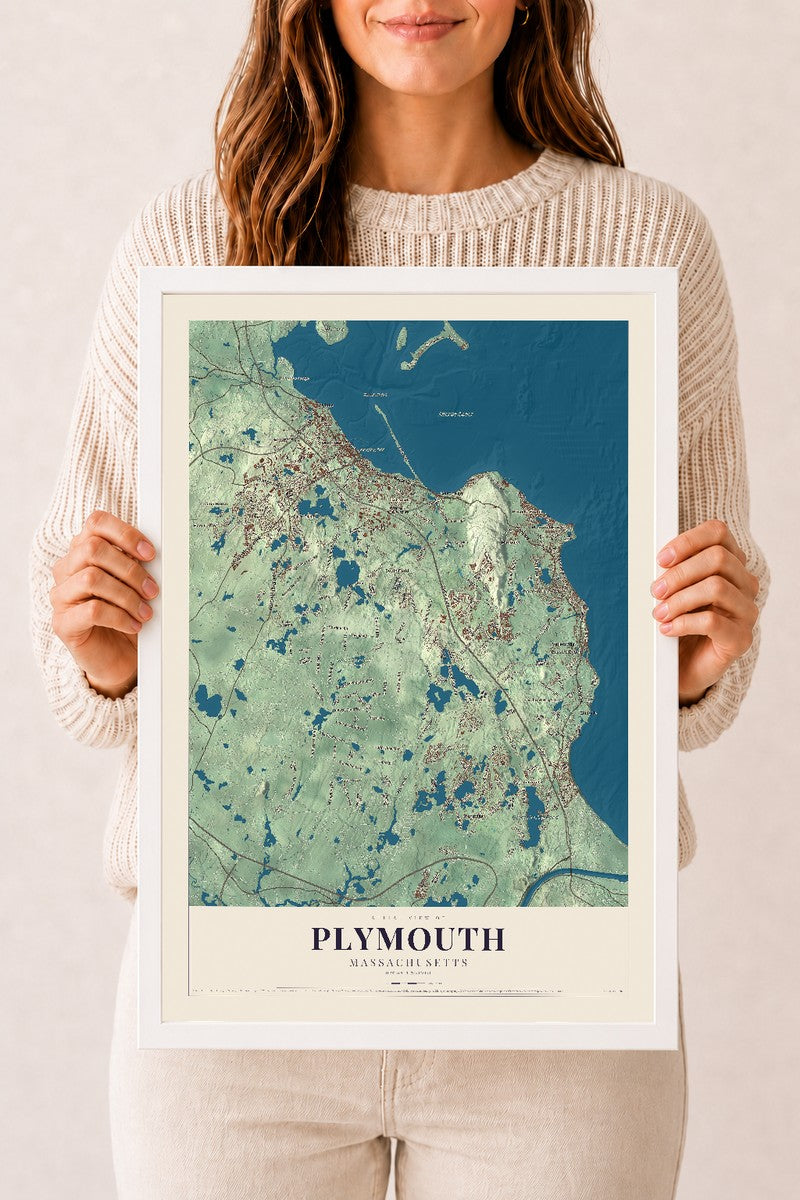 Plymouth, Massachusetts map print - 12 x 18 white Ayous wood frame