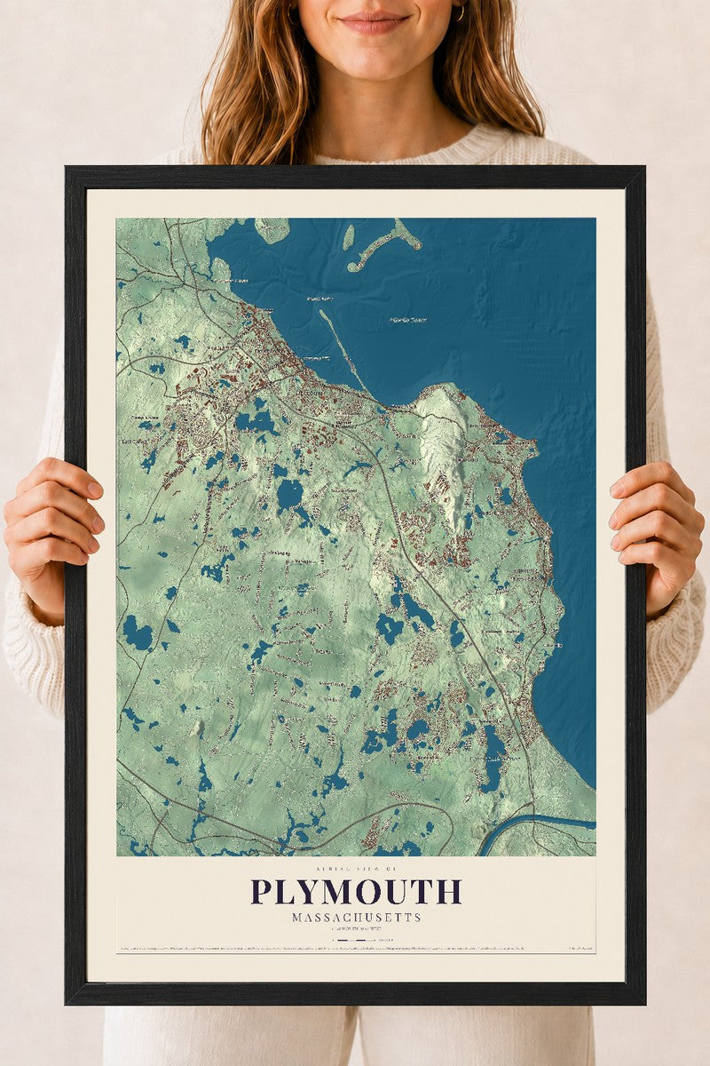 Plymouth, Massachusetts map print - 18 x 24 black Ayous wood frame