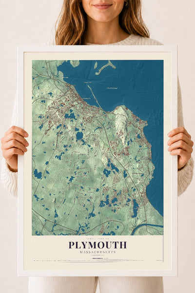 Plymouth, Massachusetts map print - 18 x 24 white Ayous wood frame