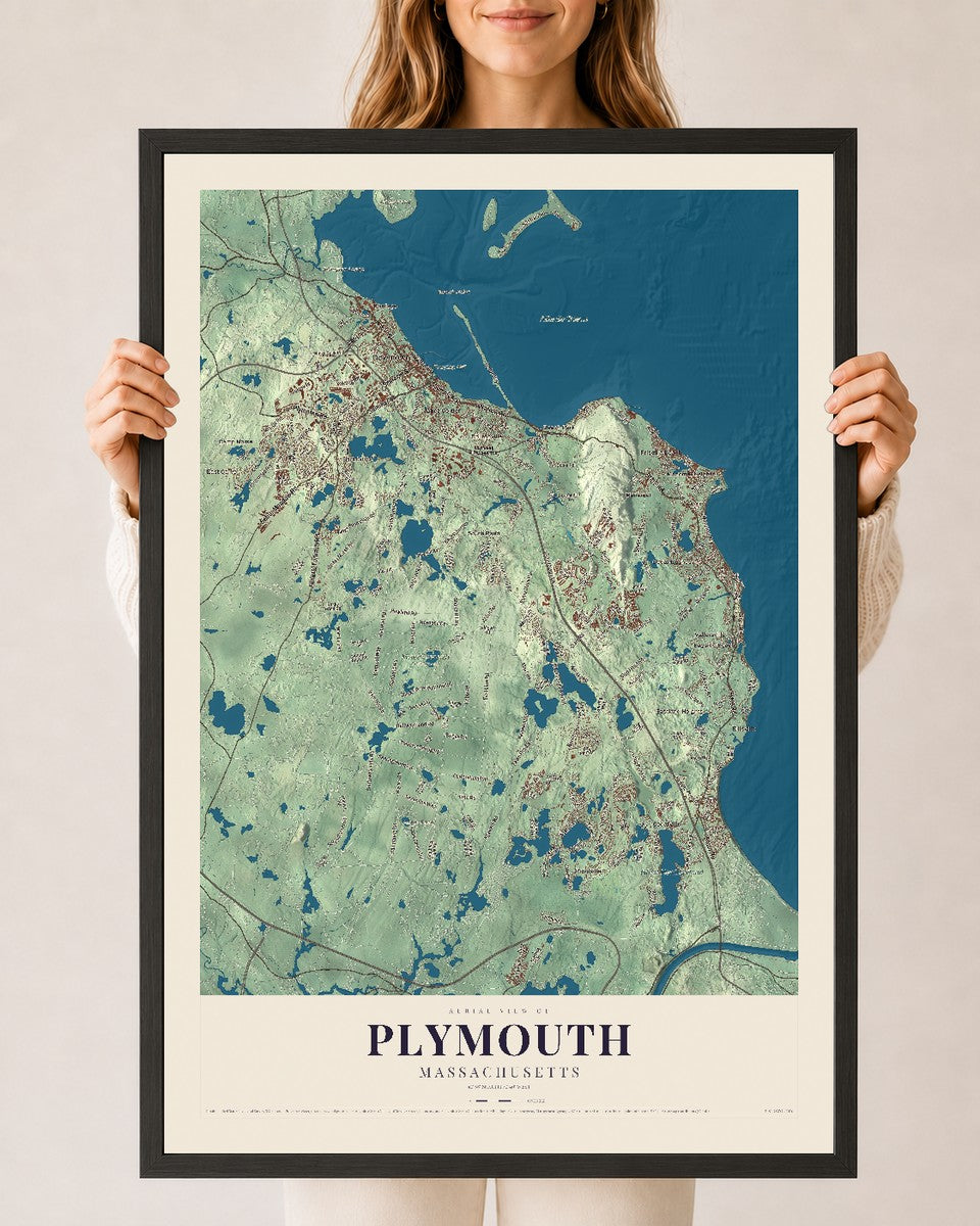 Plymouth, Massachusetts map print - 24 x 36 black Ayous wood frame