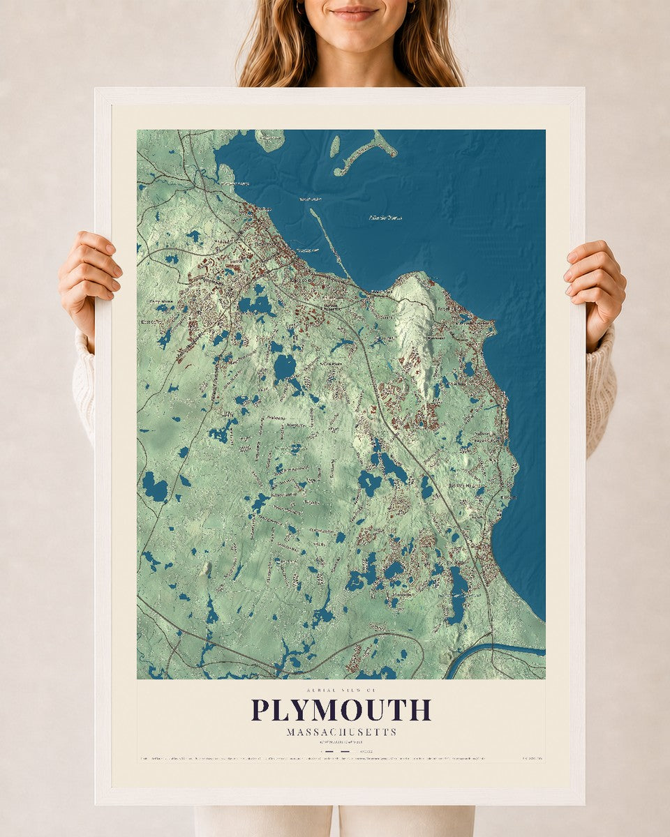 Plymouth, Massachusetts map print - 24 x 36 white Ayous wood frame