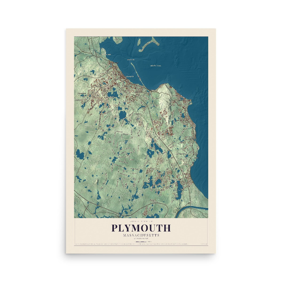 Map of Plymouth, Massachusetts, 12 x 18 inch unframed archival matte print