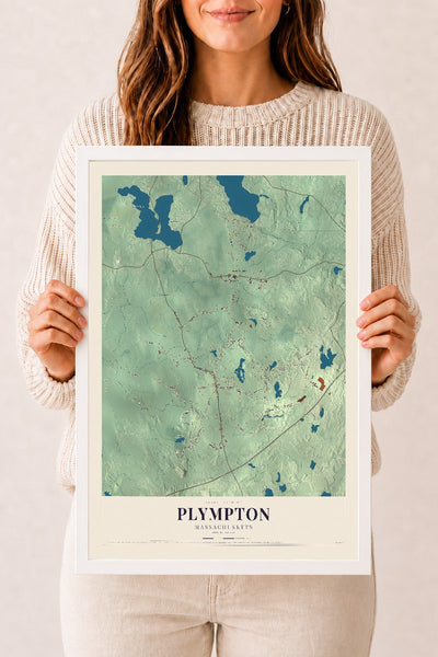 Plympton, Massachusetts map print - 12 x 18 white Ayous wood frame