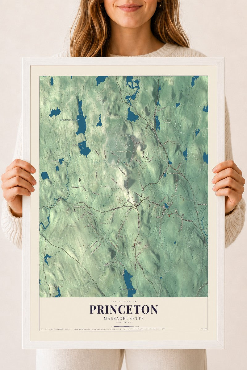 Princeton, Massachusetts map print - 18 x 24 white Ayous wood frame