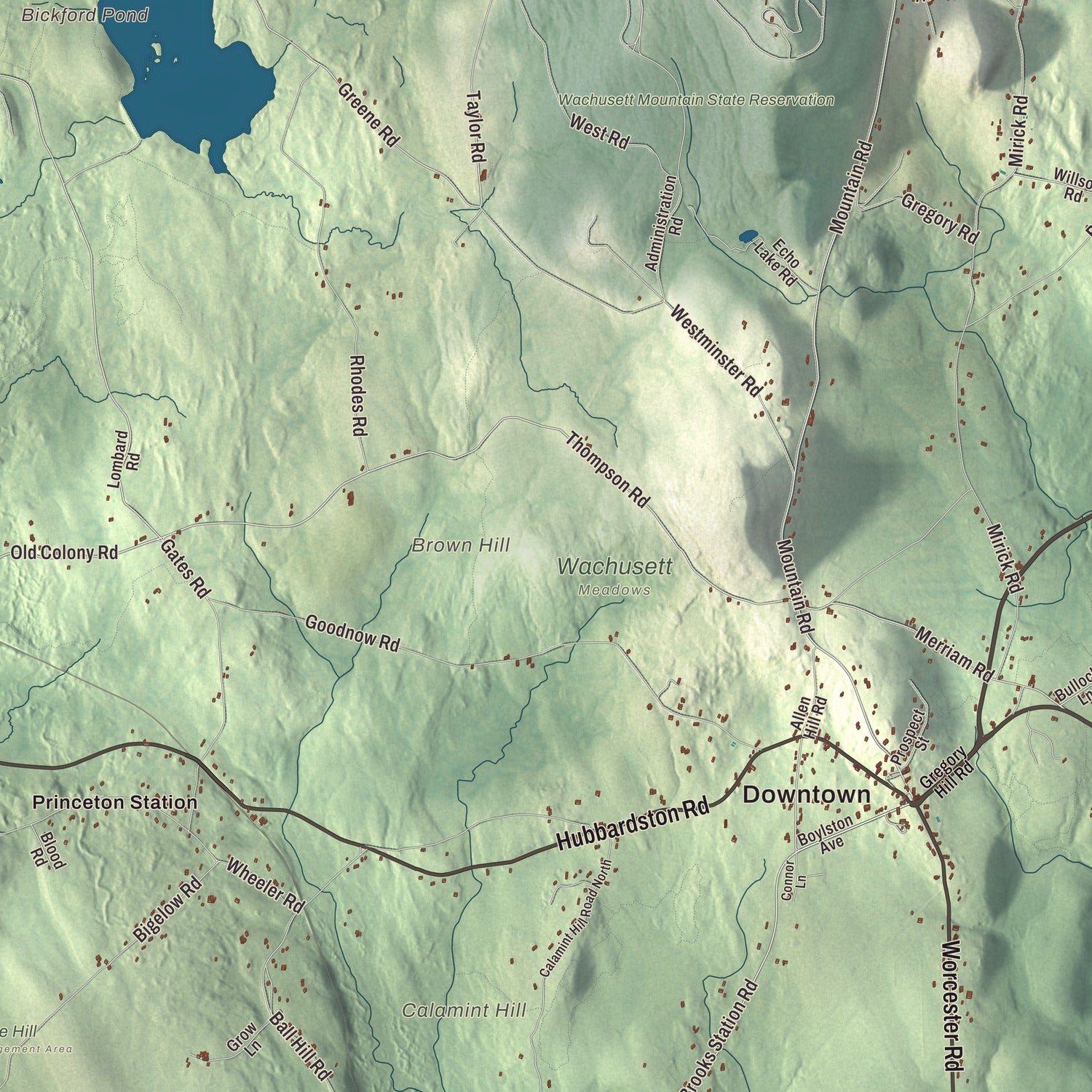 Terrain and local geography detail from the Princeton, Massachusetts map