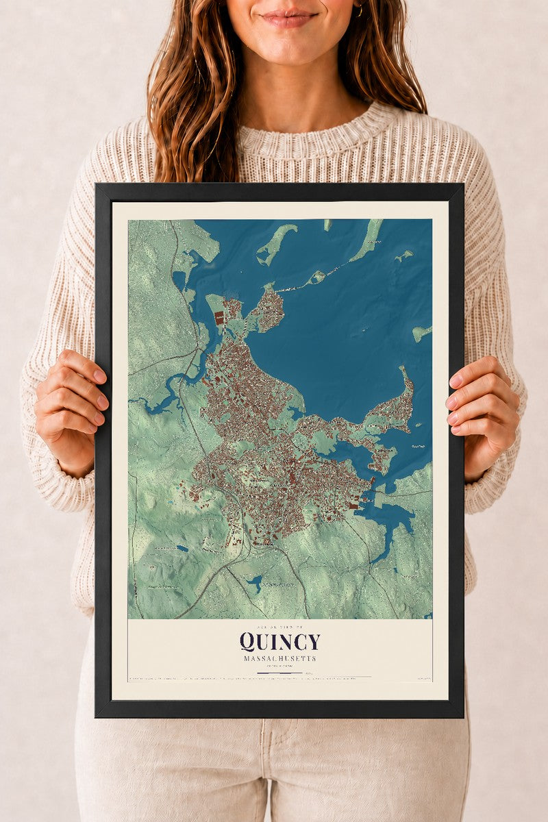 Quincy, Massachusetts map print - 12 x 18 black Ayous wood frame