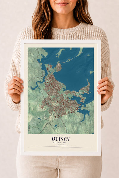 Quincy, Massachusetts map print - 12 x 18 white Ayous wood frame