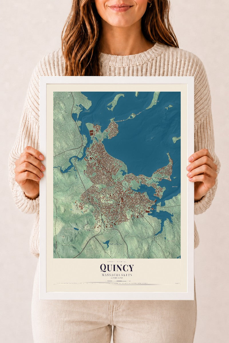 Quincy, Massachusetts map print - 12 x 18 white Ayous wood frame