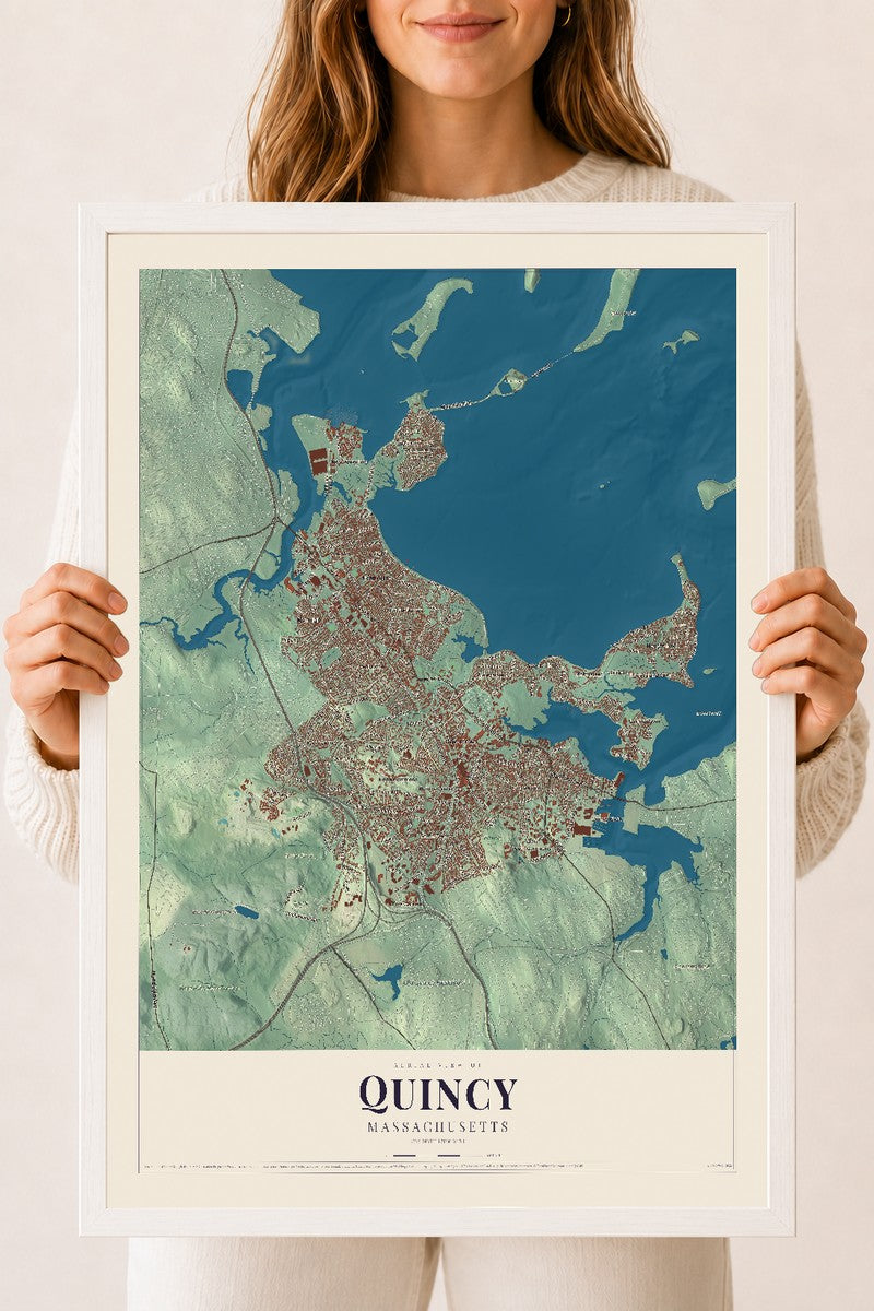 Quincy, Massachusetts map print - 18 x 24 white Ayous wood frame