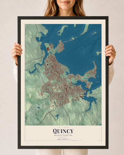 Quincy, Massachusetts map print - 24 x 36 black Ayous wood frame