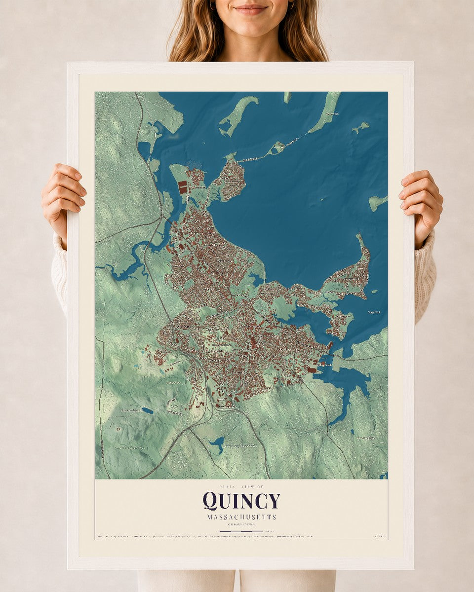 Quincy, Massachusetts map print - 24 x 36 white Ayous wood frame