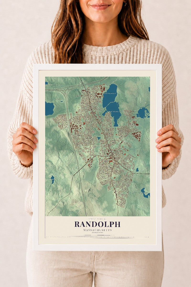 Randolph, Massachusetts map print - 12 x 18 white Ayous wood frame