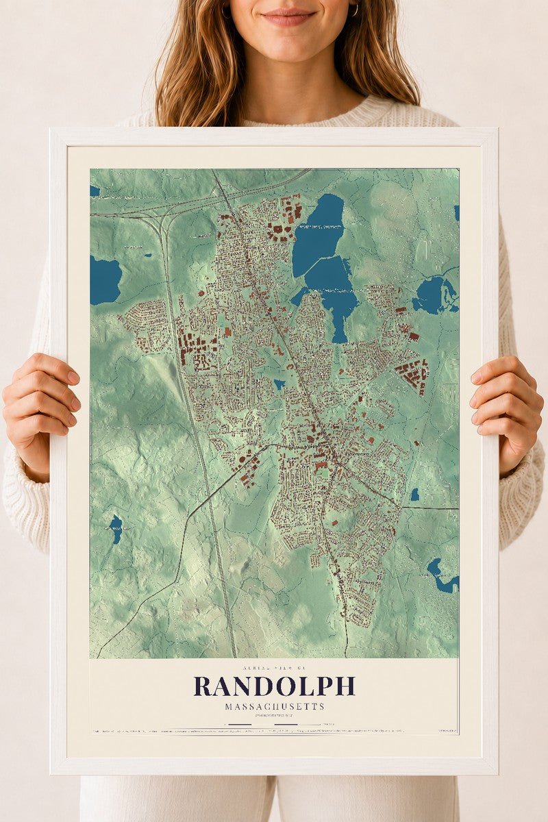 Randolph, Massachusetts map print - 18 x 24 white Ayous wood frame