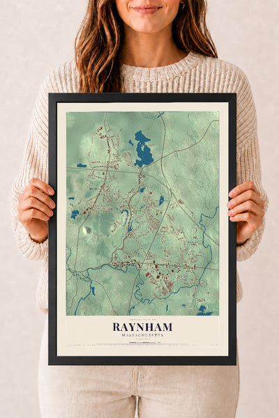 Raynham, Massachusetts map print - 12 x 18 black Ayous wood frame