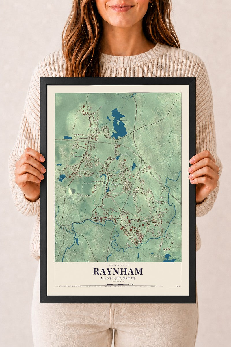 Raynham, Massachusetts map print - 12 x 18 black Ayous wood frame