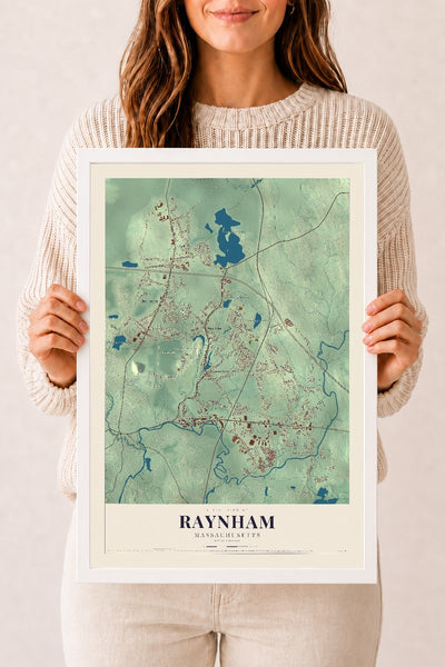 Raynham, Massachusetts map print - 12 x 18 white Ayous wood frame