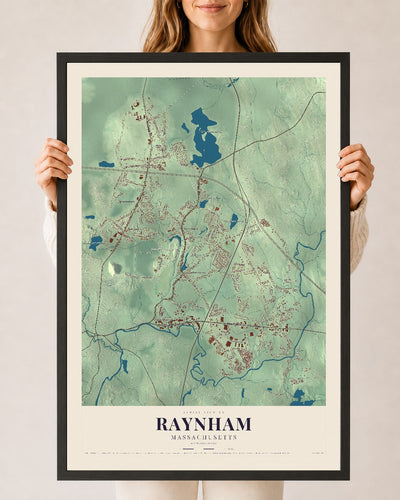 Raynham, Massachusetts map print - 24 x 36 black Ayous wood frame