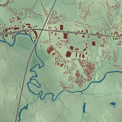 Terrain and local geography detail from the Raynham, Massachusetts map