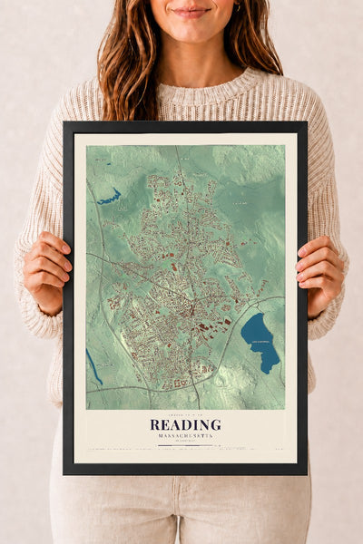 Reading, Massachusetts map print - 12 x 18 black Ayous wood frame