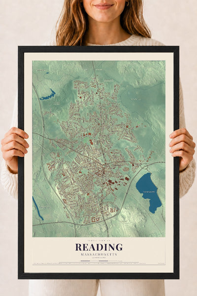 Reading, Massachusetts map print - 18 x 24 black Ayous wood frame