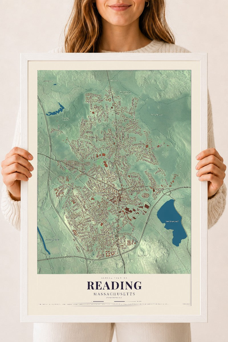 Reading, Massachusetts map print - 18 x 24 white Ayous wood frame