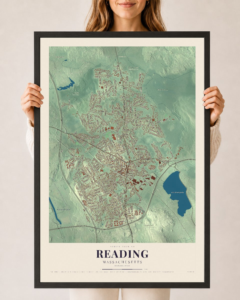 Reading, Massachusetts map print - 24 x 36 black Ayous wood frame