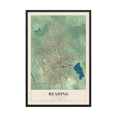 Map of Reading, Massachusetts, 12 x 18 inch print in a black wood frame