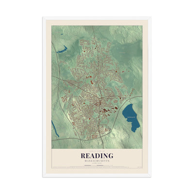 Map of Reading, Massachusetts, 12 x 18 inch print in a white wood frame